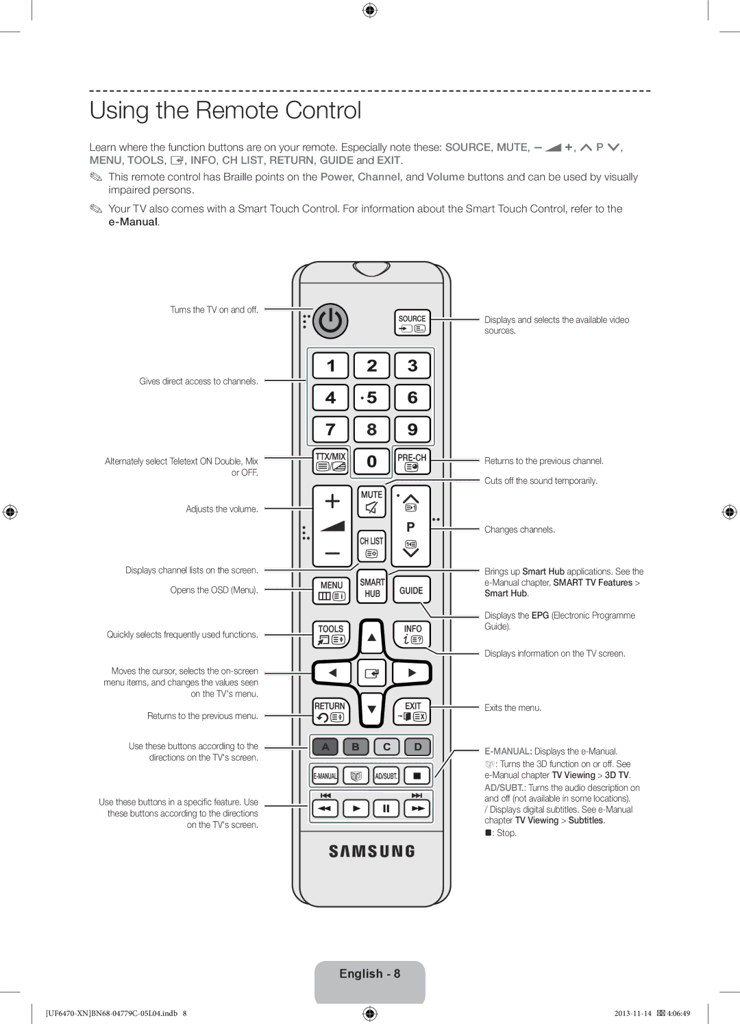 Samsung UE40F6670SSXZF, UE46F6670SSXZF, UE46F6640SSXZF, UE46F6500SSXZF, UE55F6640SSXZF manual Using the Remote Control, Stop 