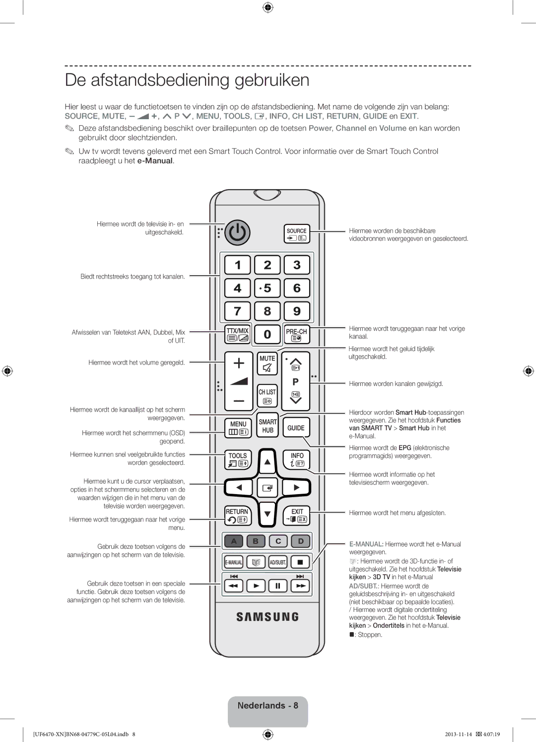 Samsung UE40F6500SSXZF, UE46F6670SSXZF, UE46F6640SSXZF, UE46F6500SSXZF, UE55F6640SSXZF manual De afstandsbediening gebruiken 