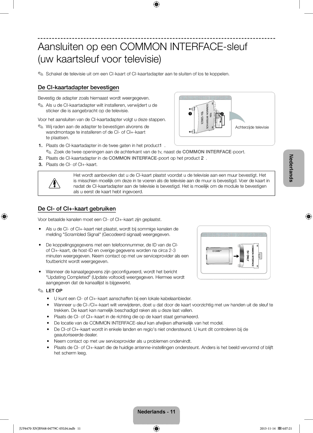 Samsung UE40F6670SSXZF, UE46F6670SSXZF De CI-kaartadapter bevestigen, De CI- of CI+-kaart gebruiken, Achterzijde televisie 