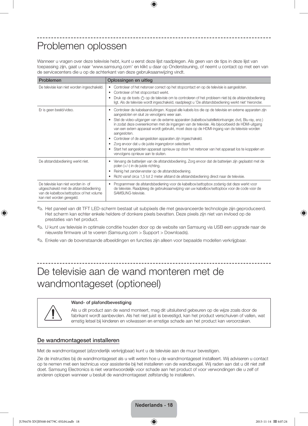 Samsung UE46F6670SSXZF, UE46F6640SSXZF Problemen oplossen, De wandmontageset installeren, Problemen Oplossingen en uitleg 