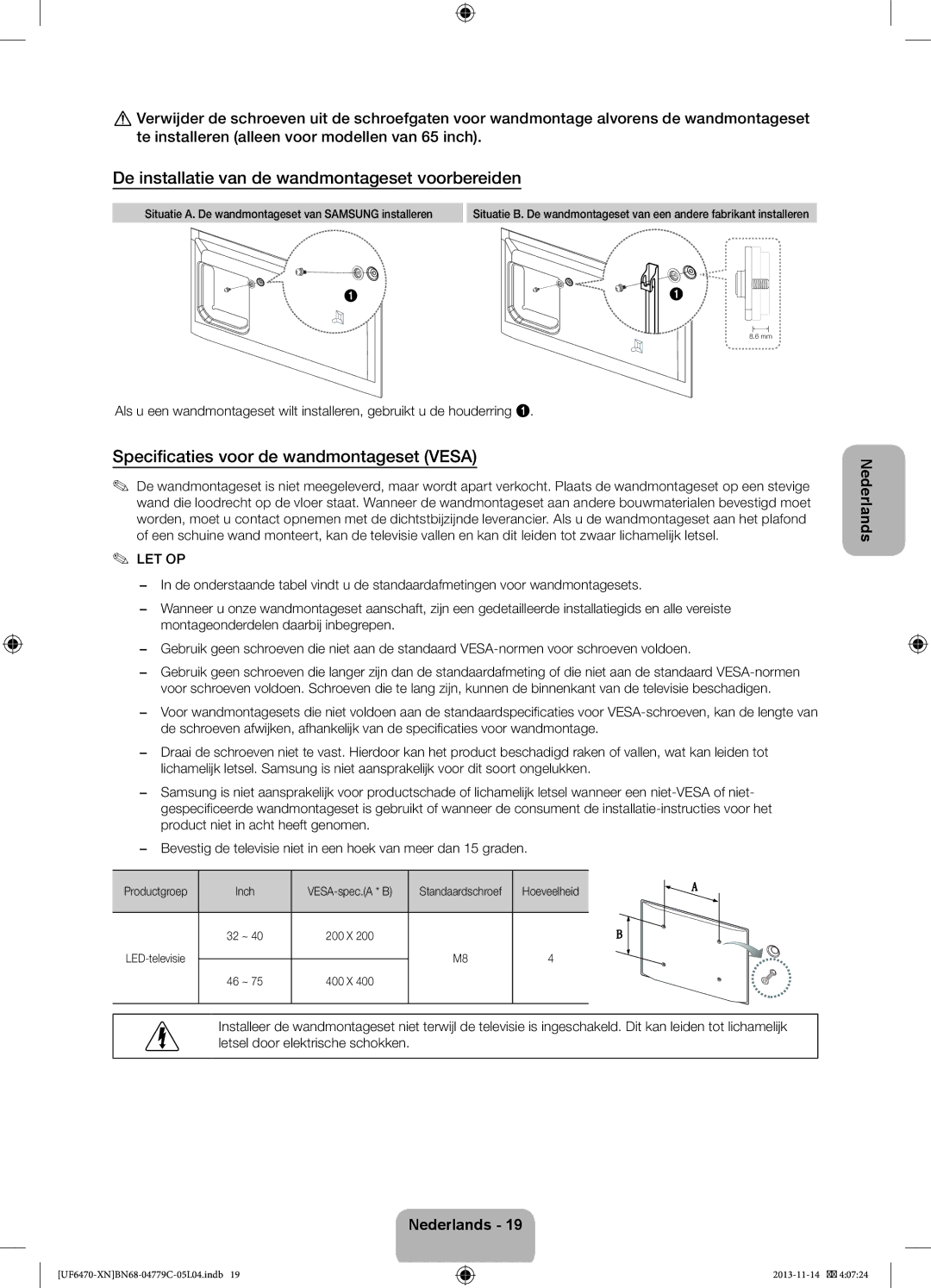 Samsung UE46F6640SSXZF manual De installatie van de wandmontageset voorbereiden, Specificaties voor de wandmontageset Vesa 
