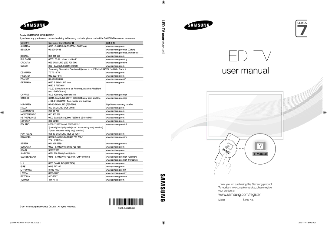 Samsung UE40F7000SLXXH, UE46F7000SLXXH manual 20 €/Anruf aus dem dt. Festnetz, aus dem Mobilfunk, BN68-04851G-04 