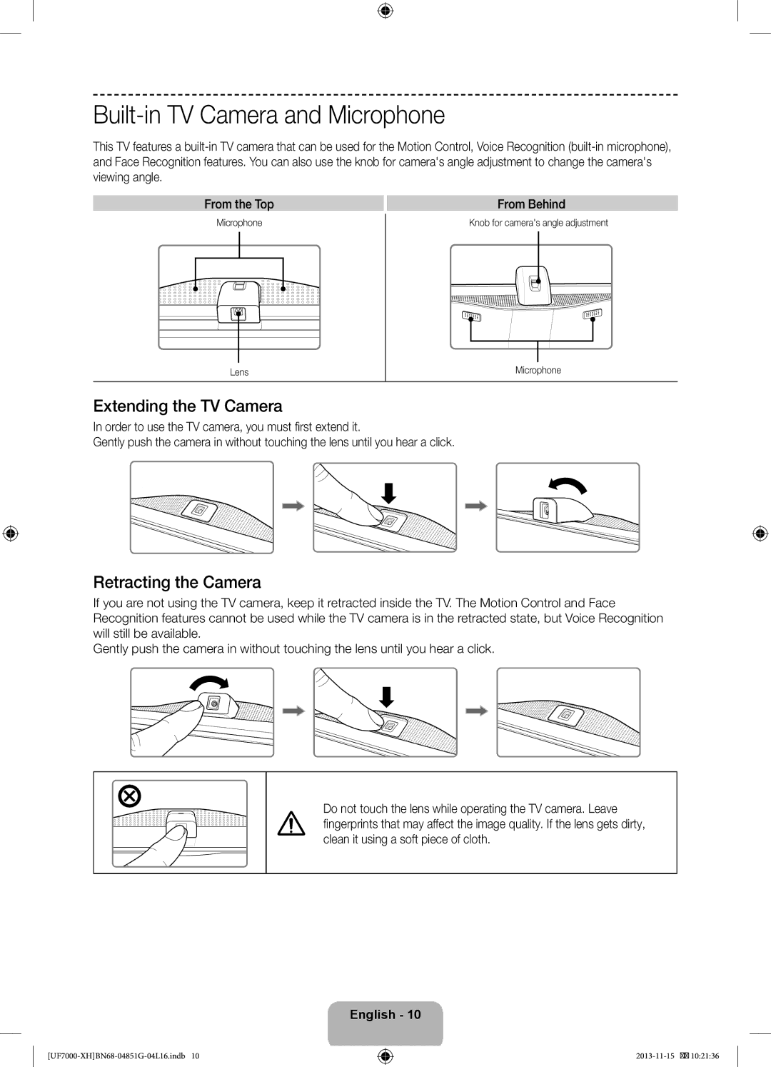 Samsung UE40F7000SLXXC, UE46F7000SLXXH Built-in TV Camera and Microphone, Extending the TV Camera, Retracting the Camera 