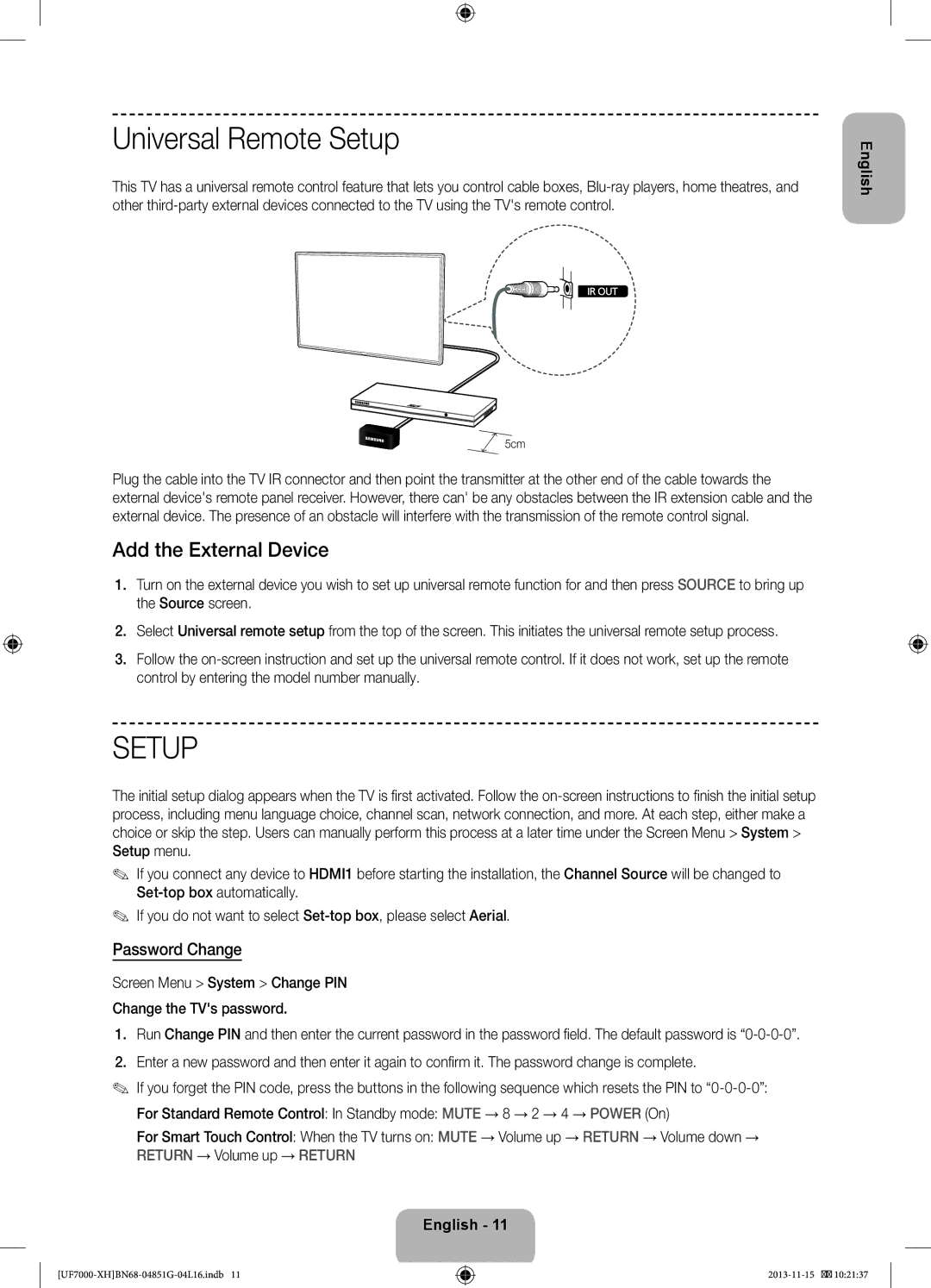 Samsung UE46F7000SLXXC, UE46F7000SLXXH manual Universal Remote Setup, Add the External Device, Password Change, 5cm 