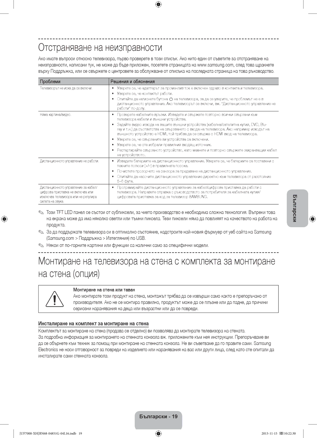 Samsung UE40F7000SLXXH, UE46F7000SLXXH manual Отстраняване на неизправности, Инсталиране на комплект за монтиране на стена 