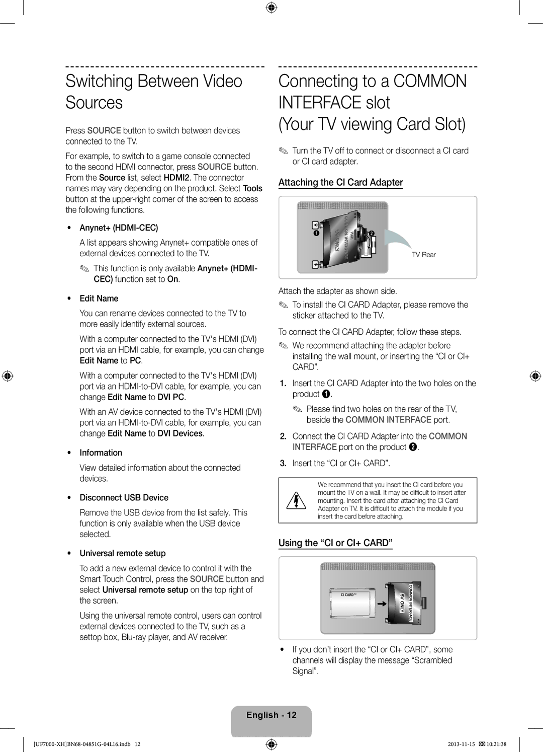 Samsung UE60F7000SLXXC manual Switching Between Video Sources, Your TV viewing Card Slot, Attaching the CI Card Adapter 