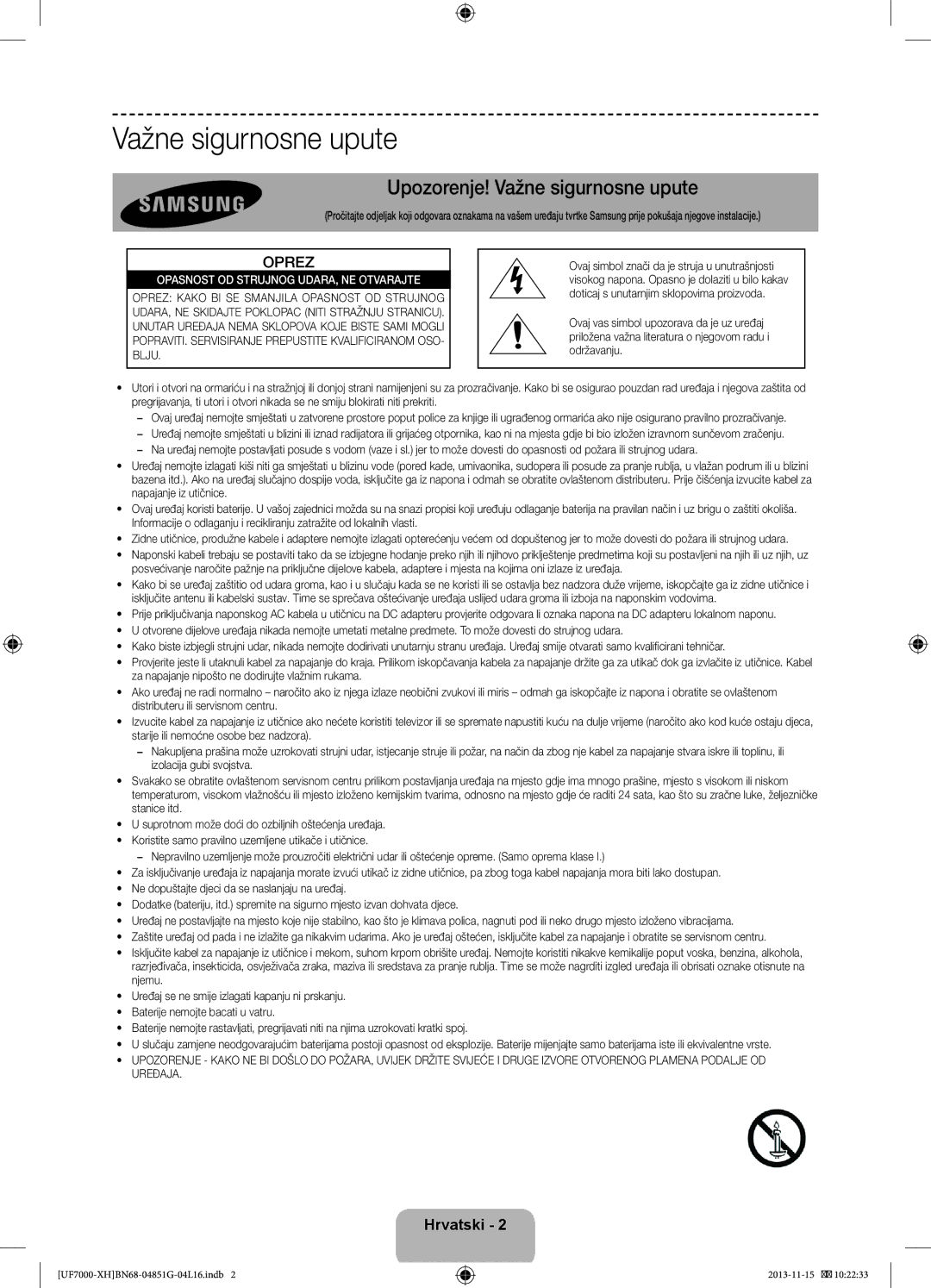 Samsung UE55F7000SLXXC, UE46F7000SLXXH, UE40F7000SLXXH, UE40F7000SLXXN manual Upozorenje! Važne sigurnosne upute, Oprez 