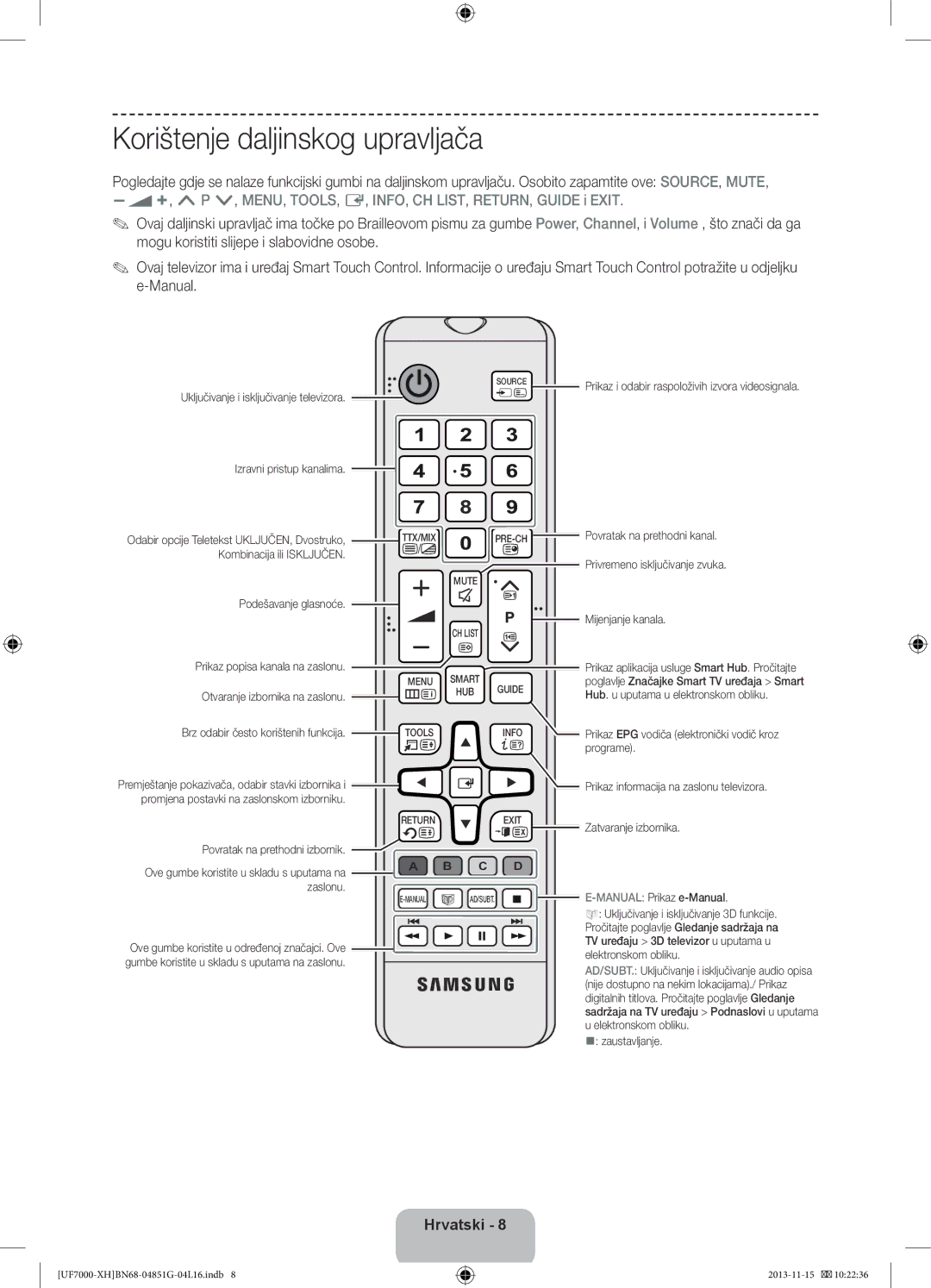 Samsung UE55F7000STXXH, UE46F7000SLXXH, UE40F7000SLXXH, UE40F7000SLXXN, UE55F7000SLXXH manual Korištenje daljinskog upravljača 