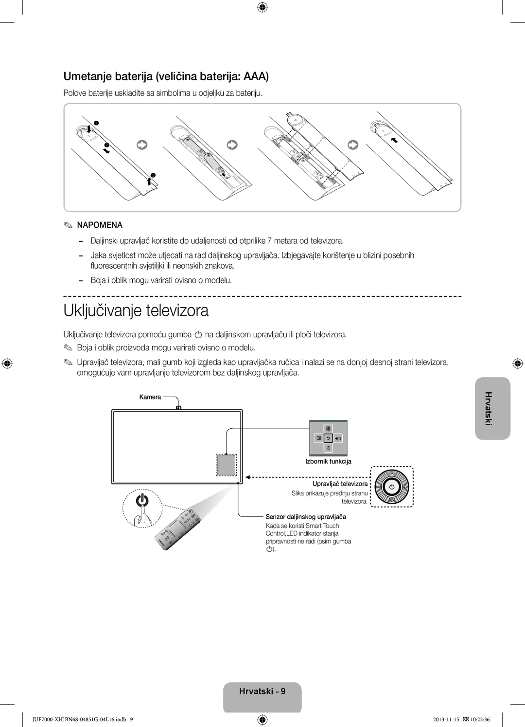 Samsung UE46F7000STXXU, UE46F7000SLXXH manual Uključivanje televizora, Umetanje baterija veličina baterija AAA, Napomena 