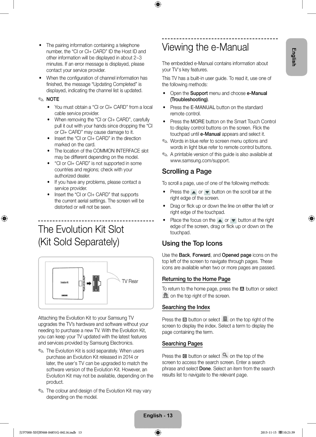 Samsung UE40F7000STXXH, UE46F7000SLXXH, UE40F7000SLXXH manual Viewing the e-Manual, Scrolling a, Using the Top Icons 