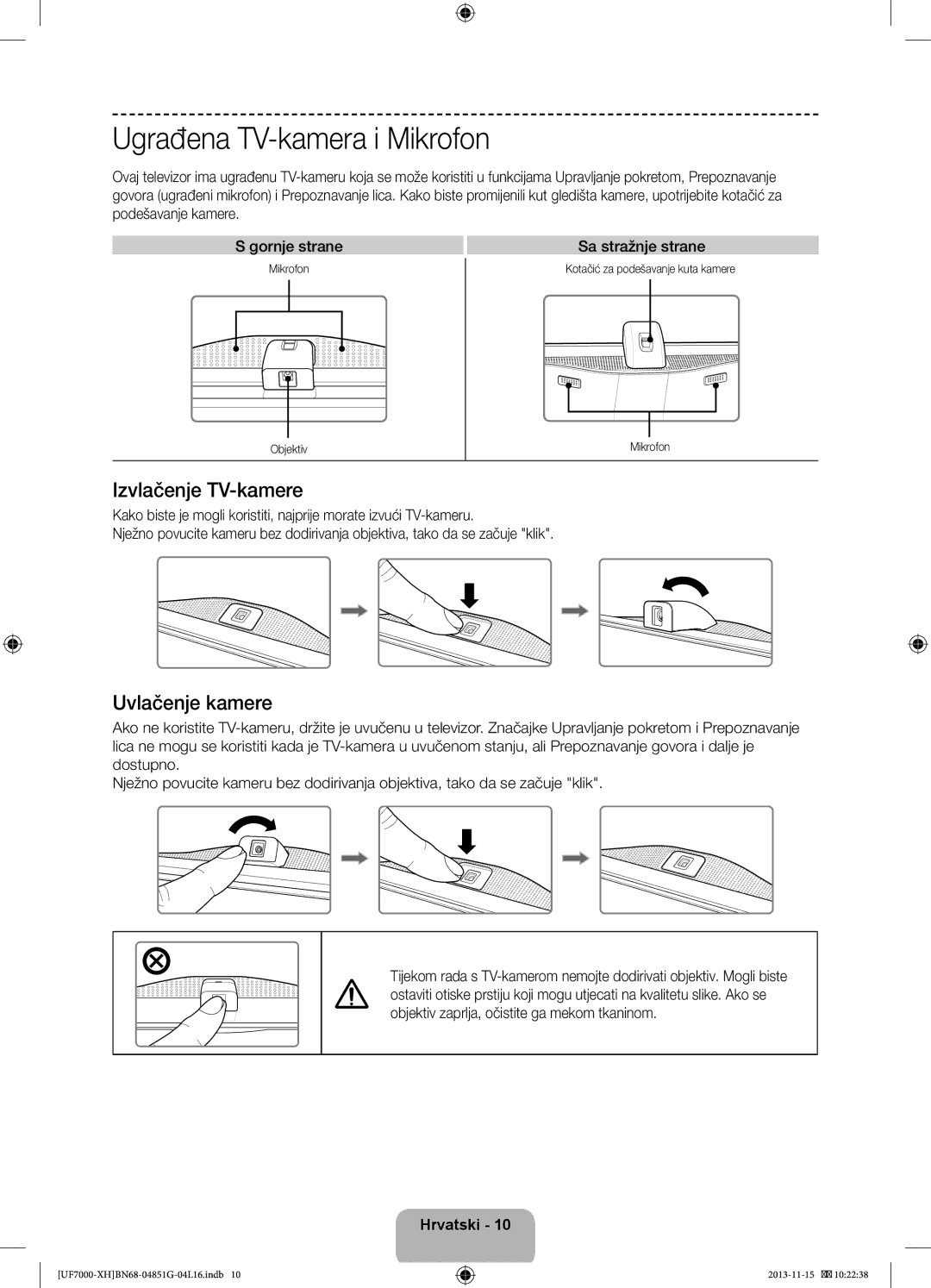 Samsung UE55F7000STXXU, UE46F7000SLXXH manual Ugrađena TV-kamera i Mikrofon, Izvlačenje TV-kamere, Uvlačenje kamere 