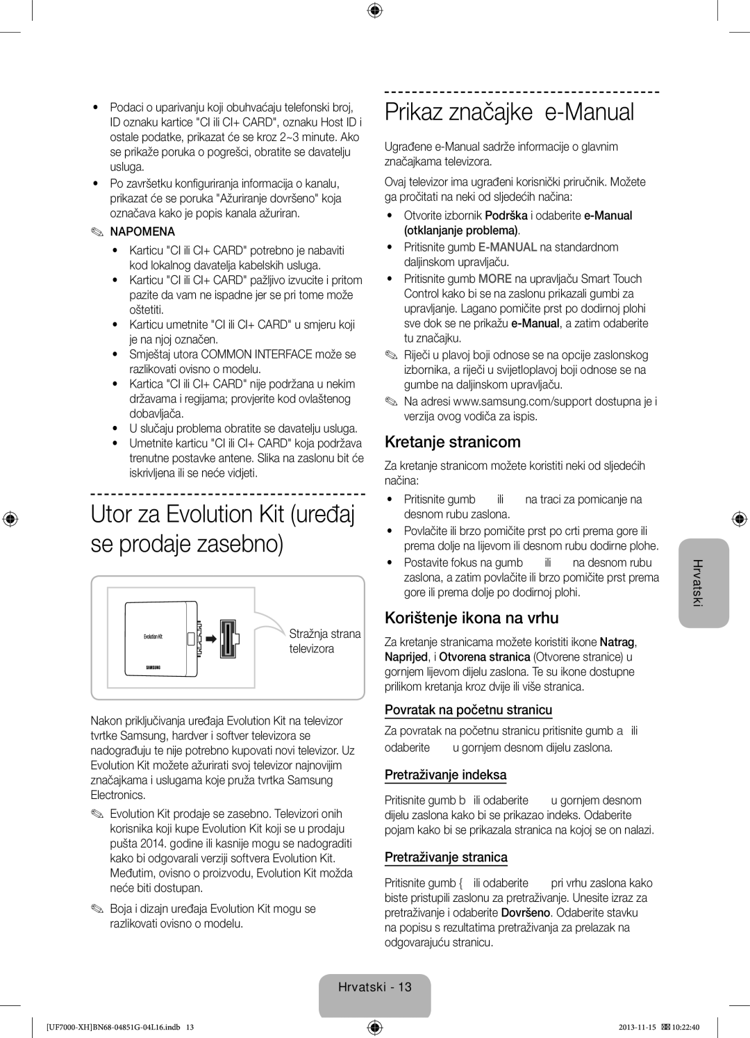 Samsung UE46F7000SLXXH, UE40F7000SLXXH manual Prikaz značajke e-Manual, Kretanje stranicom, Korištenje ikona na vrhu 