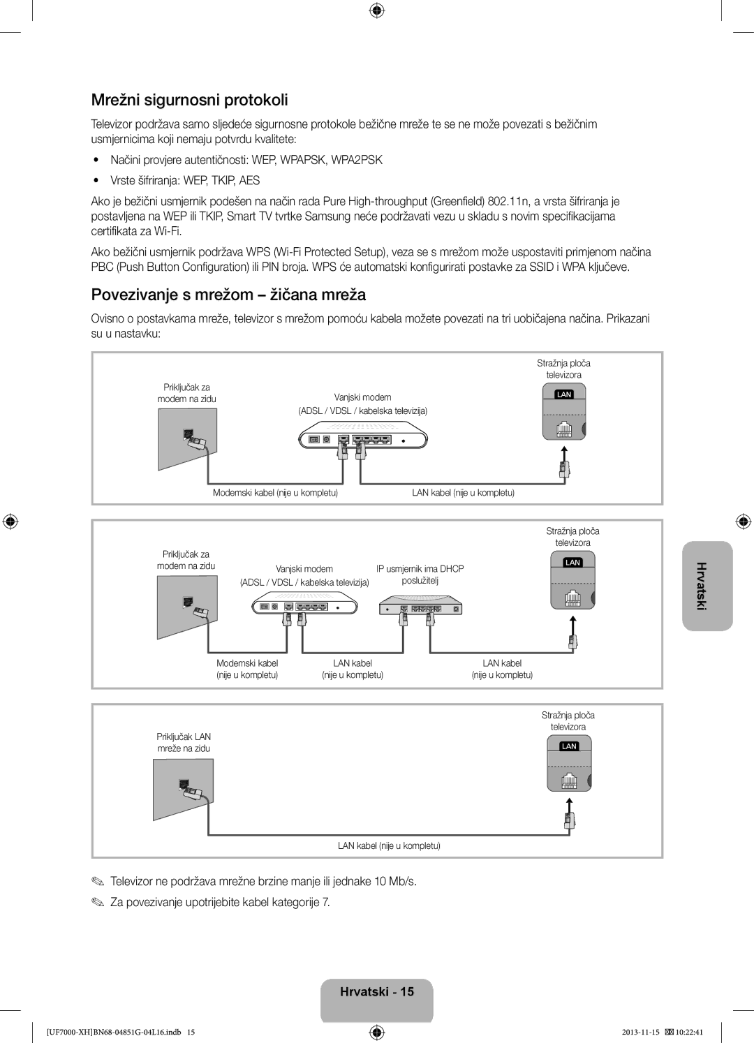 Samsung UE40F7000SLXXN, UE46F7000SLXXH, UE40F7000SLXXH manual Mrežni sigurnosni protokoli, Povezivanje s mrežom žičana mreža 