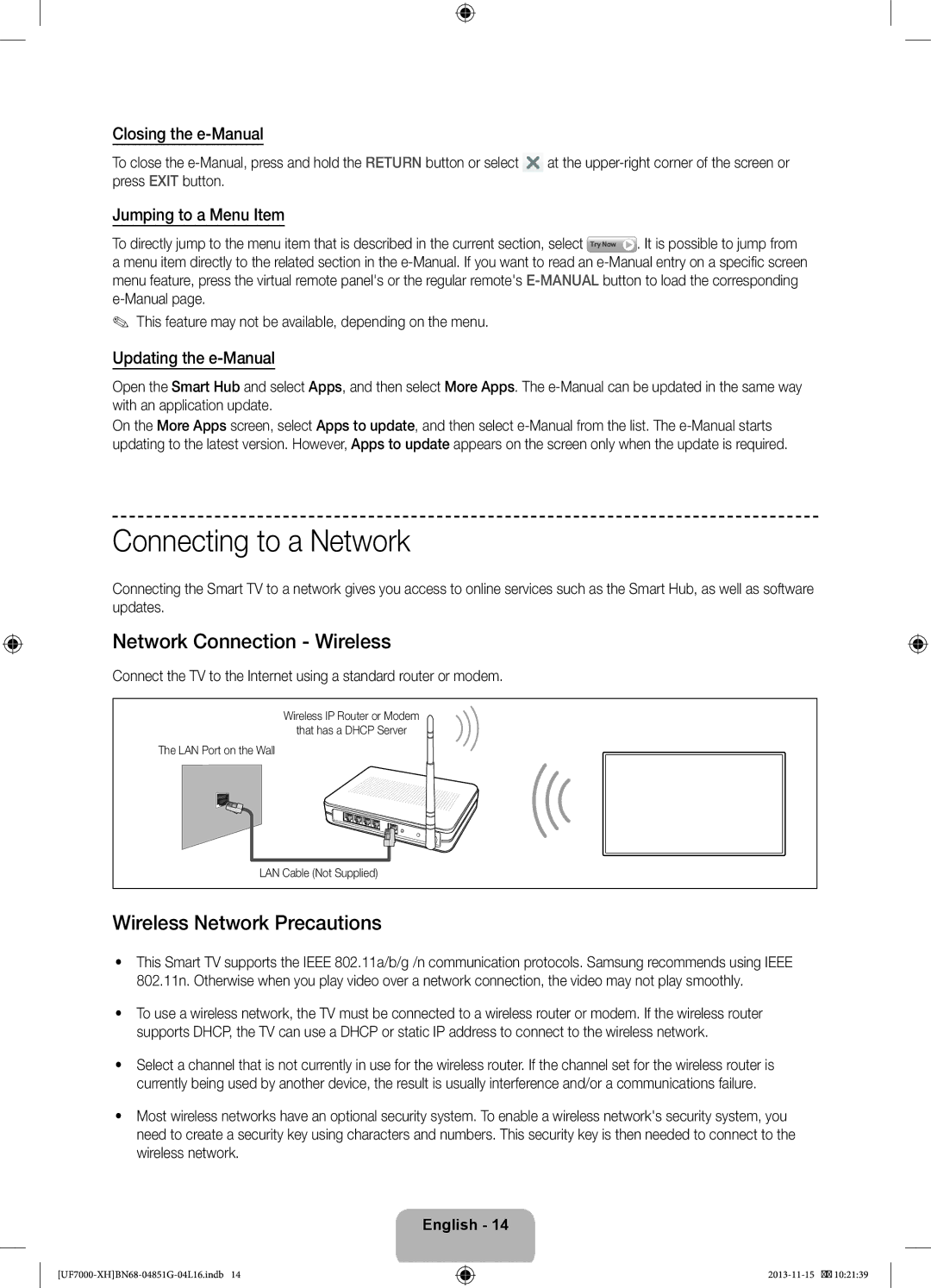 Samsung UE55F7000STXXH, UE46F7000SLXXH Connecting to a Network, Network Connection Wireless, Wireless Network Precautions 