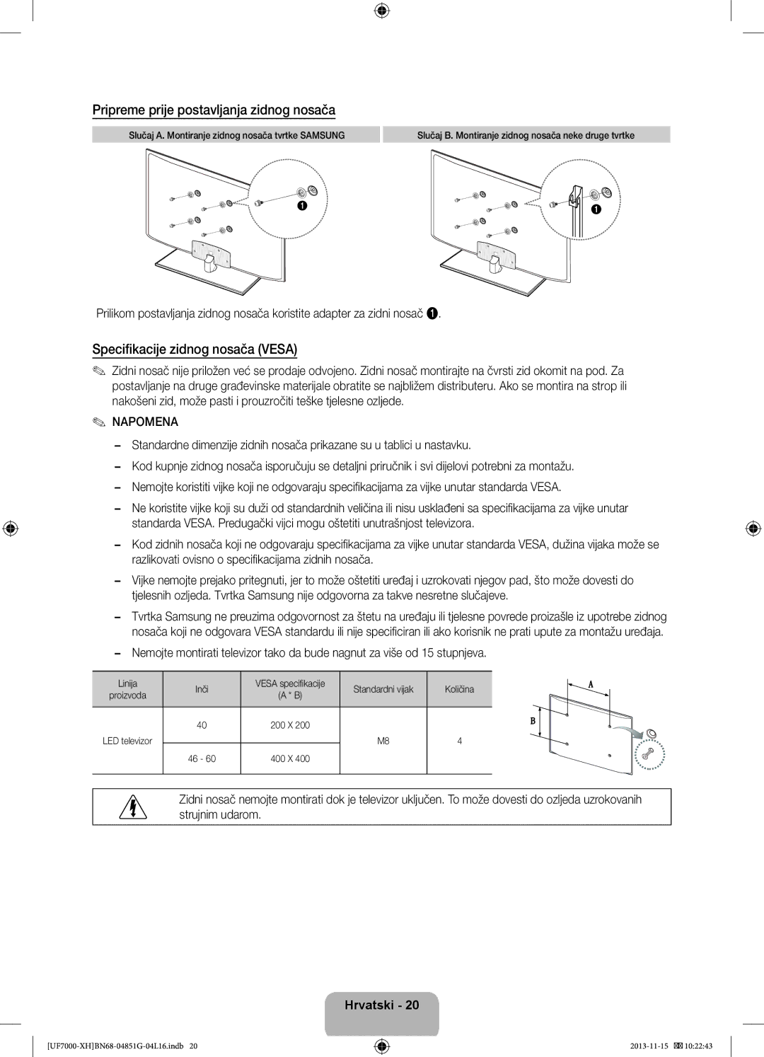 Samsung UE55F7000SLXZF, UE46F7000SLXXH manual Pripreme prije postavljanja zidnog nosača, Specifikacije zidnog nosača Vesa 