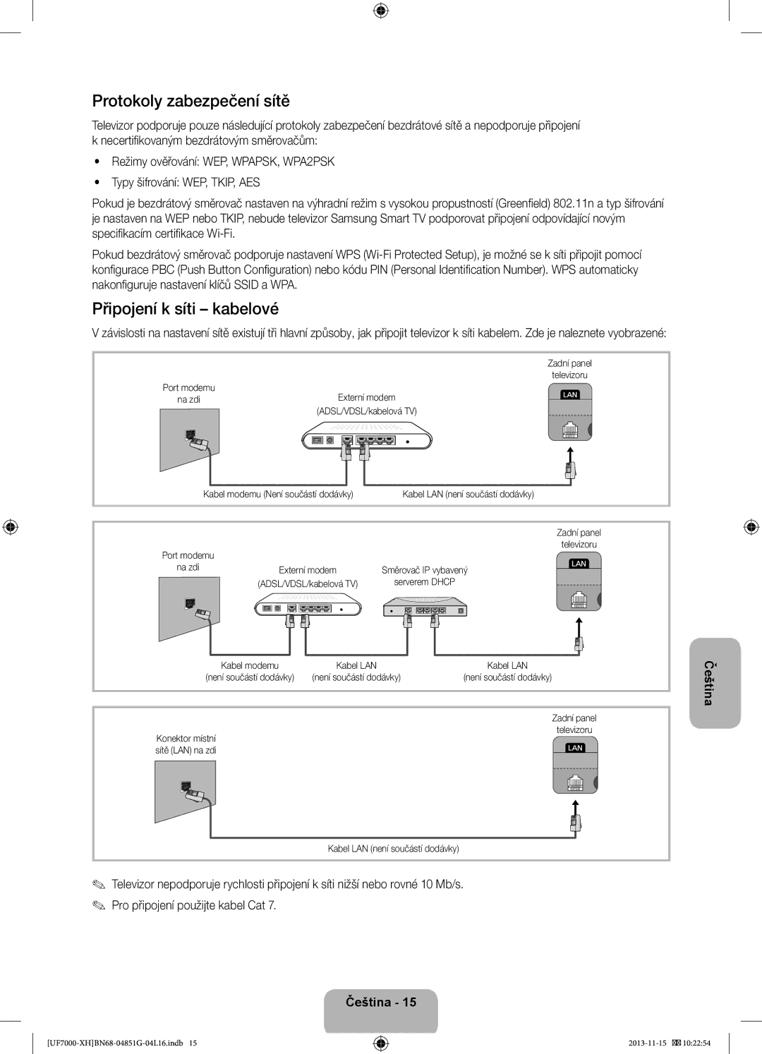 Samsung UE55F7000SLXZF manual Protokoly zabezpečení sítě, Připojení k síti kabelové, Kabel modemu, Konektor místní 