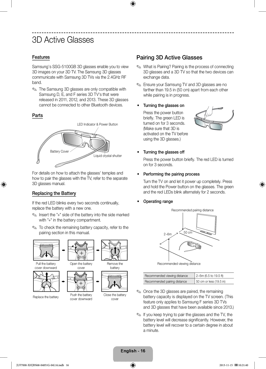 Samsung UE55F7000STXXU, UE46F7000SLXXH manual Pairing 3D Active Glasses, Features, Parts, Replacing the Battery 