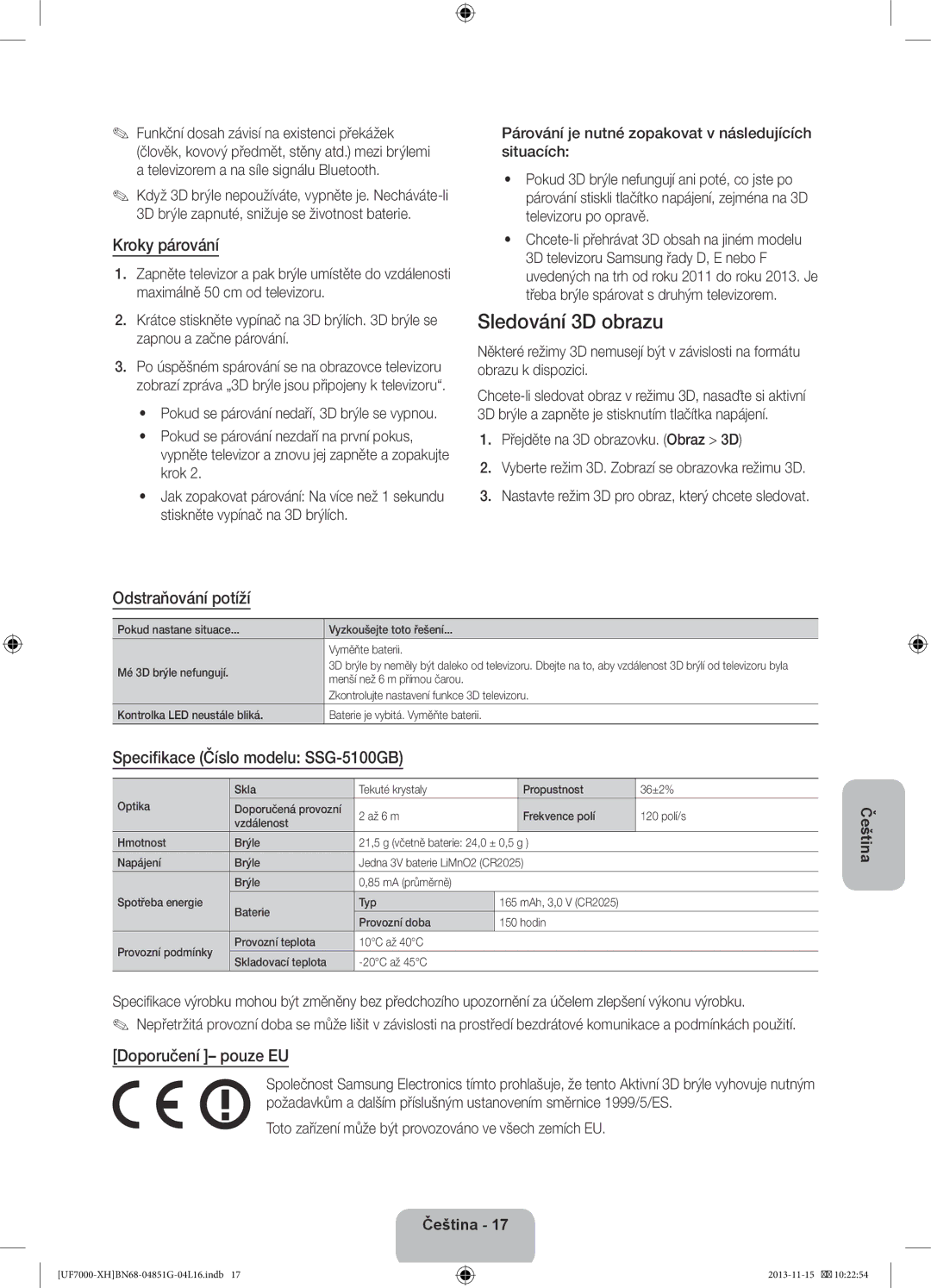 Samsung UE46F7000STXXH manual Sledování 3D obrazu, Kroky párování, Odstraňování potíží, Specifikace Číslo modelu SSG-5100GB 