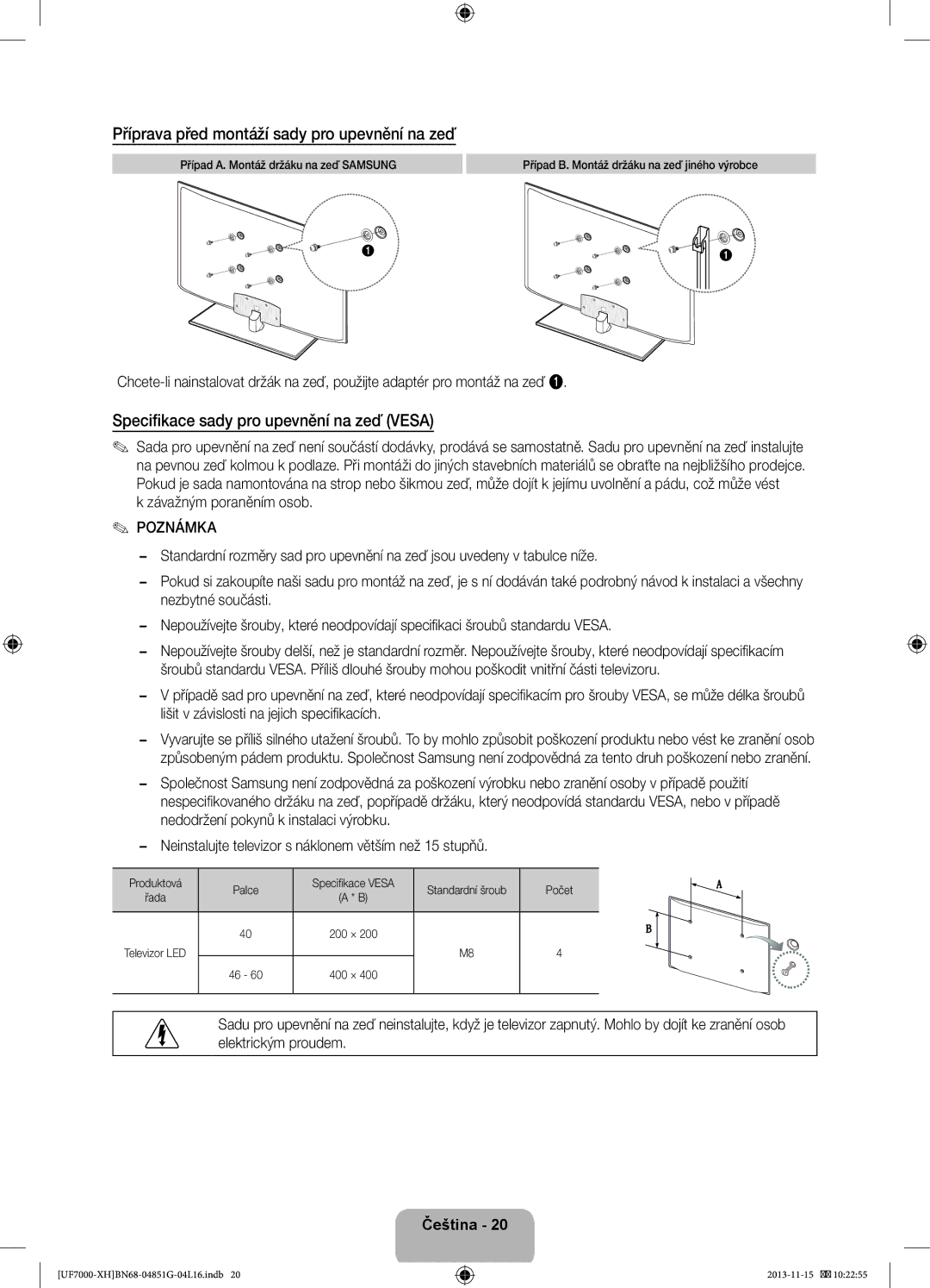 Samsung UE60F7000SLXXC manual Příprava před montáží sady pro upevnění na zeď, Specifikace sady pro upevnění na zeď Vesa 