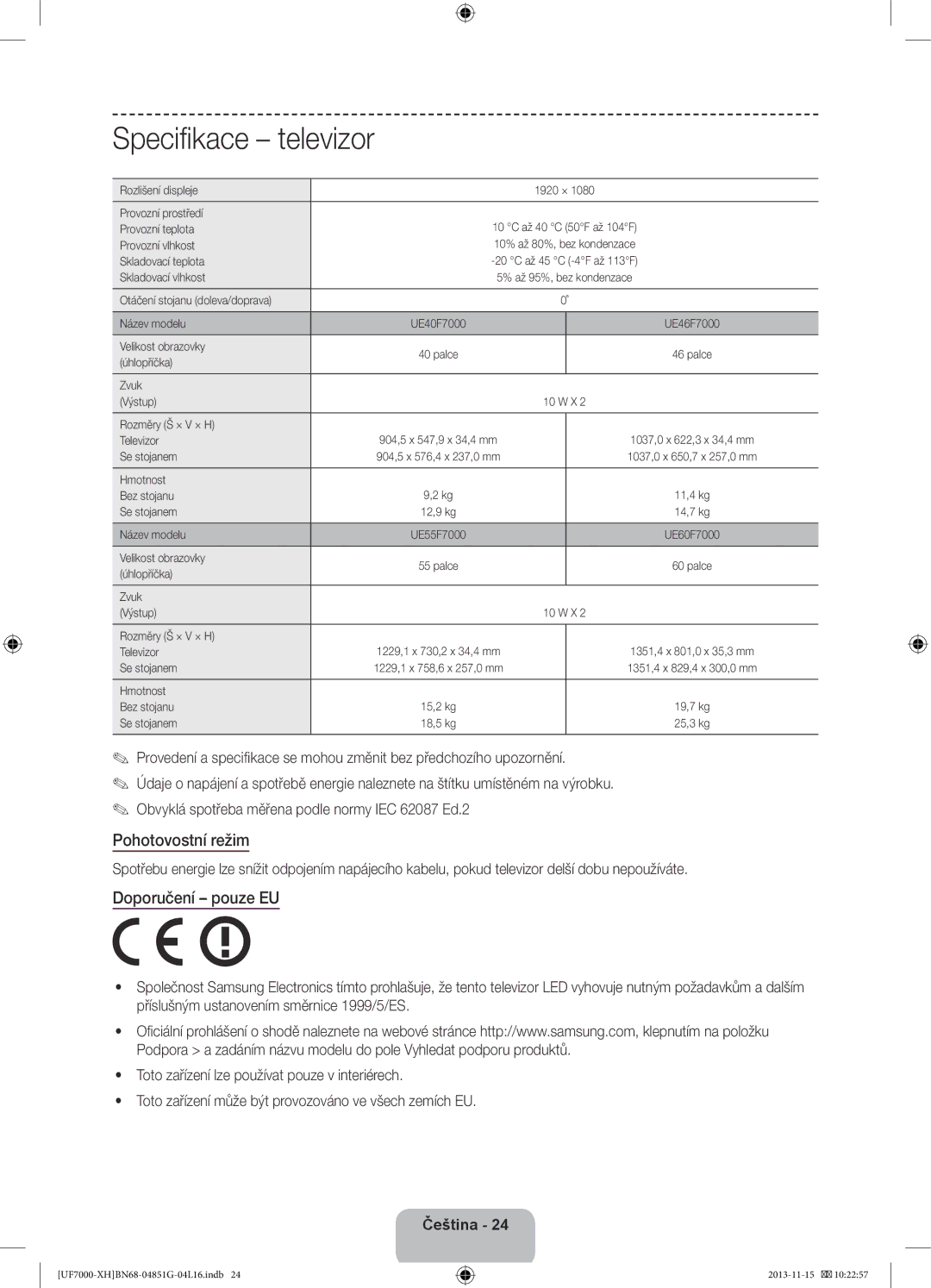 Samsung UE55F7000STXXU, UE46F7000SLXXH, UE40F7000SLXXH, UE40F7000SLXXN manual Specifikace televizor, Pohotovostní režim 