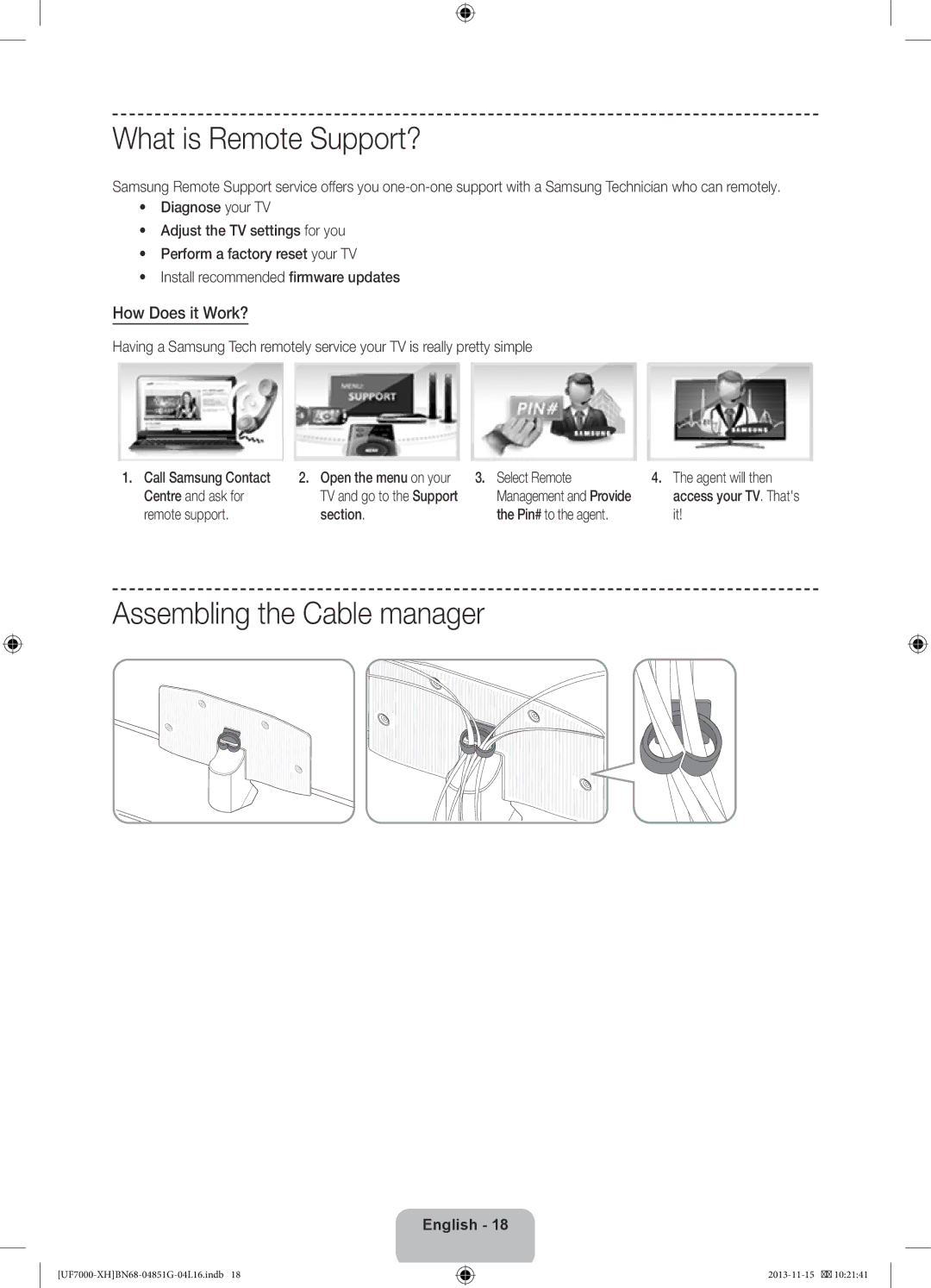 Samsung UE40F7000STXXU, UE46F7000SLXXH manual What is Remote Support?, Assembling the Cable manager, How Does it Work? 