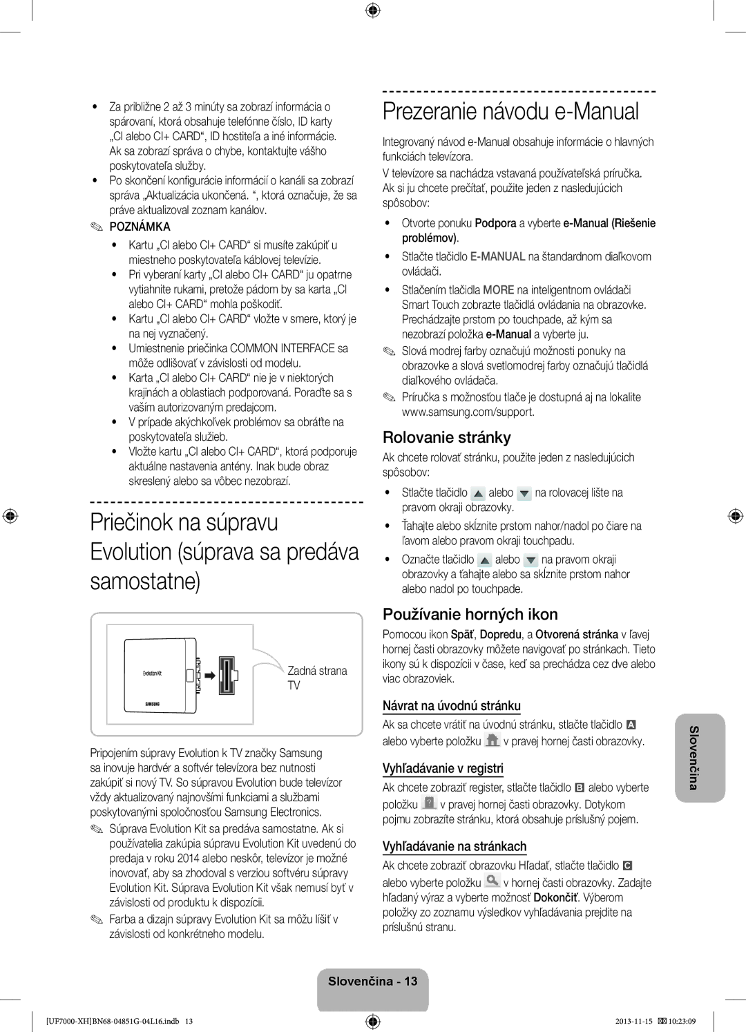 Samsung UE40F7000SLXXC manual Rolovanie stránky, Používanie horných ikon, Návrat na úvodnú stránku, Vyhľadávanie v registri 