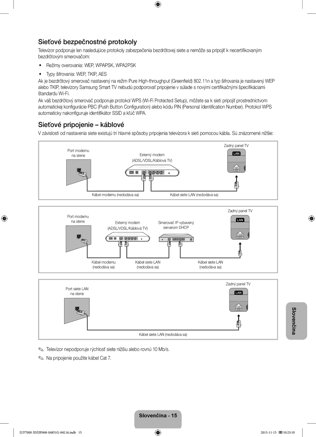 Samsung UE60F7000SLXXC, UE46F7000SLXXH manual Sieťové bezpečnostné protokoly, Sieťové pripojenie káblové, Zadný panel TV 