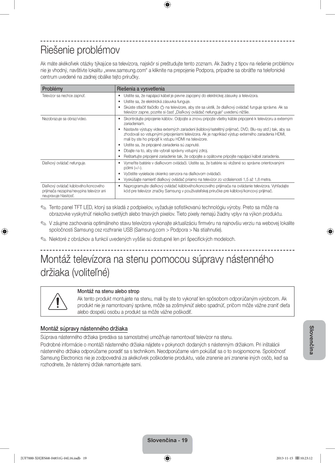 Samsung UE55F7000STXXU manual Riešenie problémov, Montáž súpravy nástenného držiaka, Problémy Riešenia a vysvetlenia 