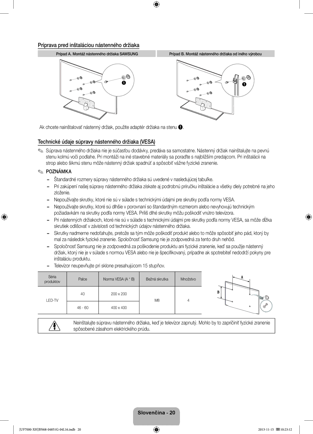 Samsung UE60F7000SLXXH manual Príprava pred inštaláciou nástenného držiaka, Technické údaje súpravy nástenného držiaka Vesa 