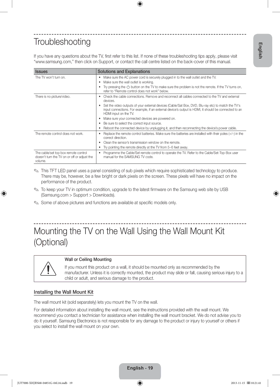 Samsung UE46F7000SLXXH, UE40F7000SLXXH Troubleshooting, Installing the Wall Mount Kit, Issues Solutions and Explanations 