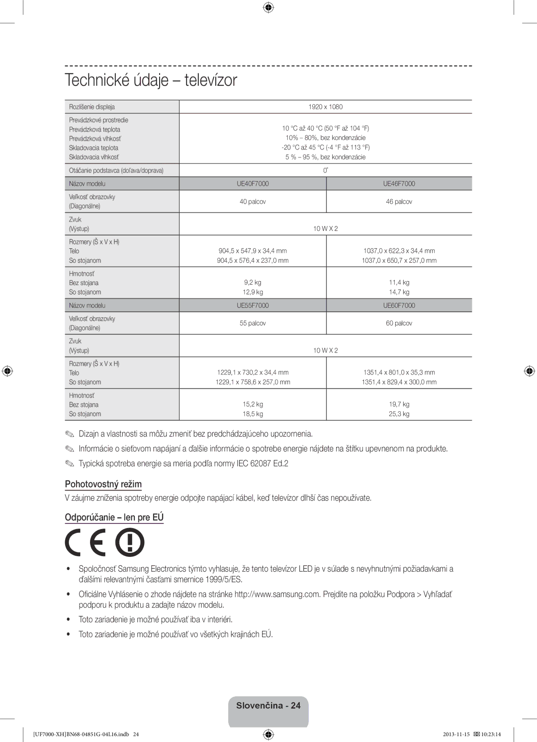 Samsung UE40F7000SLXXN, UE46F7000SLXXH, UE40F7000SLXXH, UE55F7000SLXXH manual Technické údaje televízor, Pohotovostný režim 