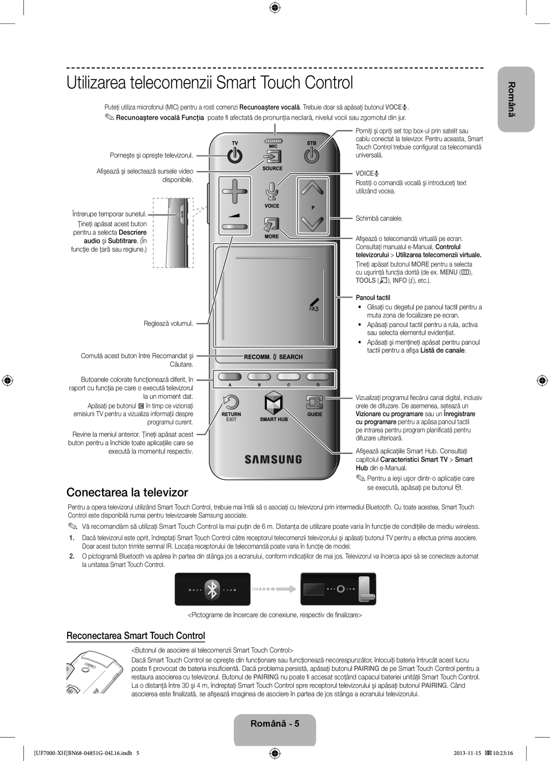 Samsung UE55F7000SLXZF, UE46F7000SLXXH, UE40F7000SLXXH Utilizarea telecomenzii Smart Touch Control, Conectarea la televizor 