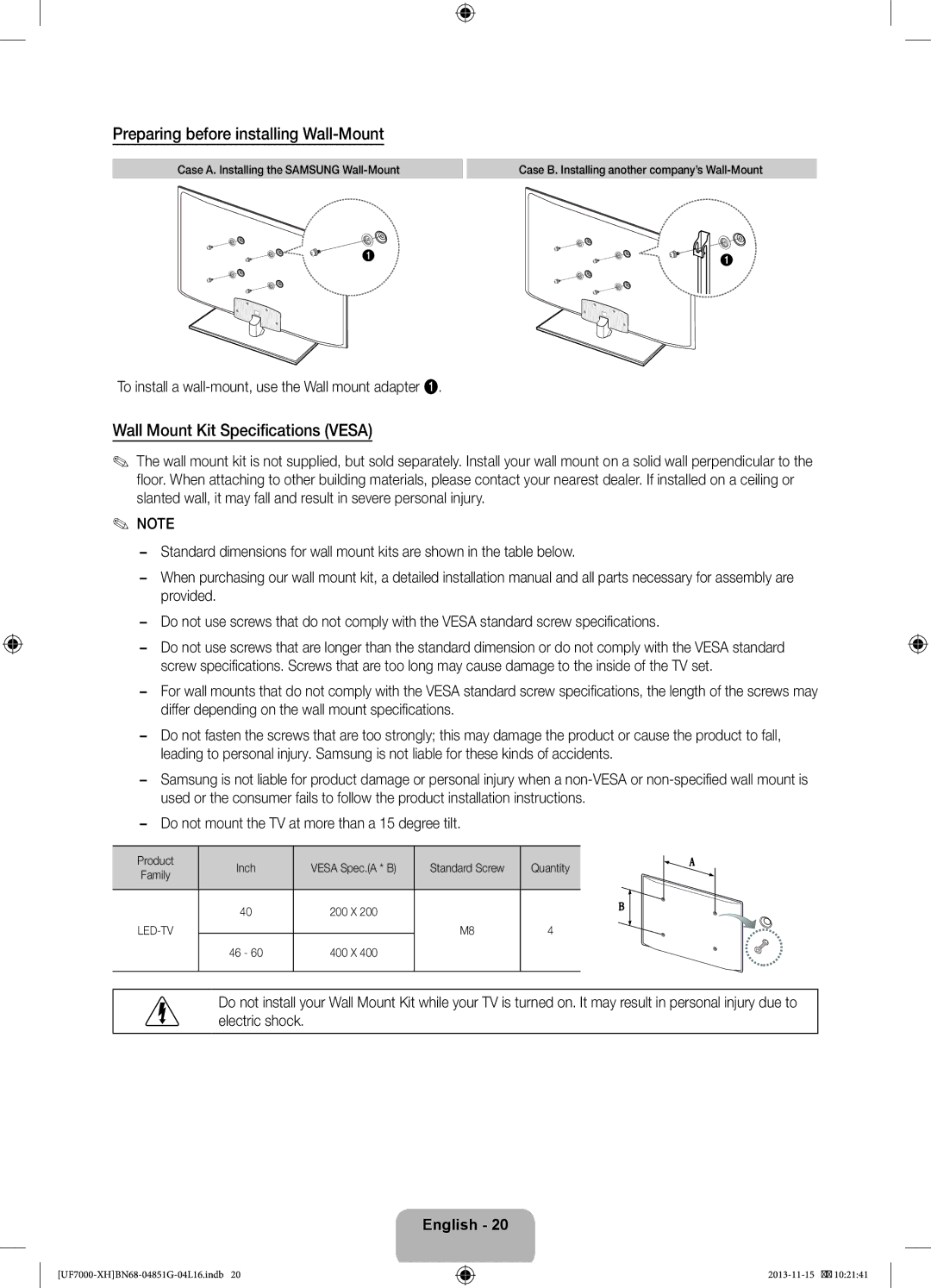 Samsung UE40F7000SLXXH, UE46F7000SLXXH manual Preparing before installing Wall-Mount, Wall Mount Kit Specifications Vesa 