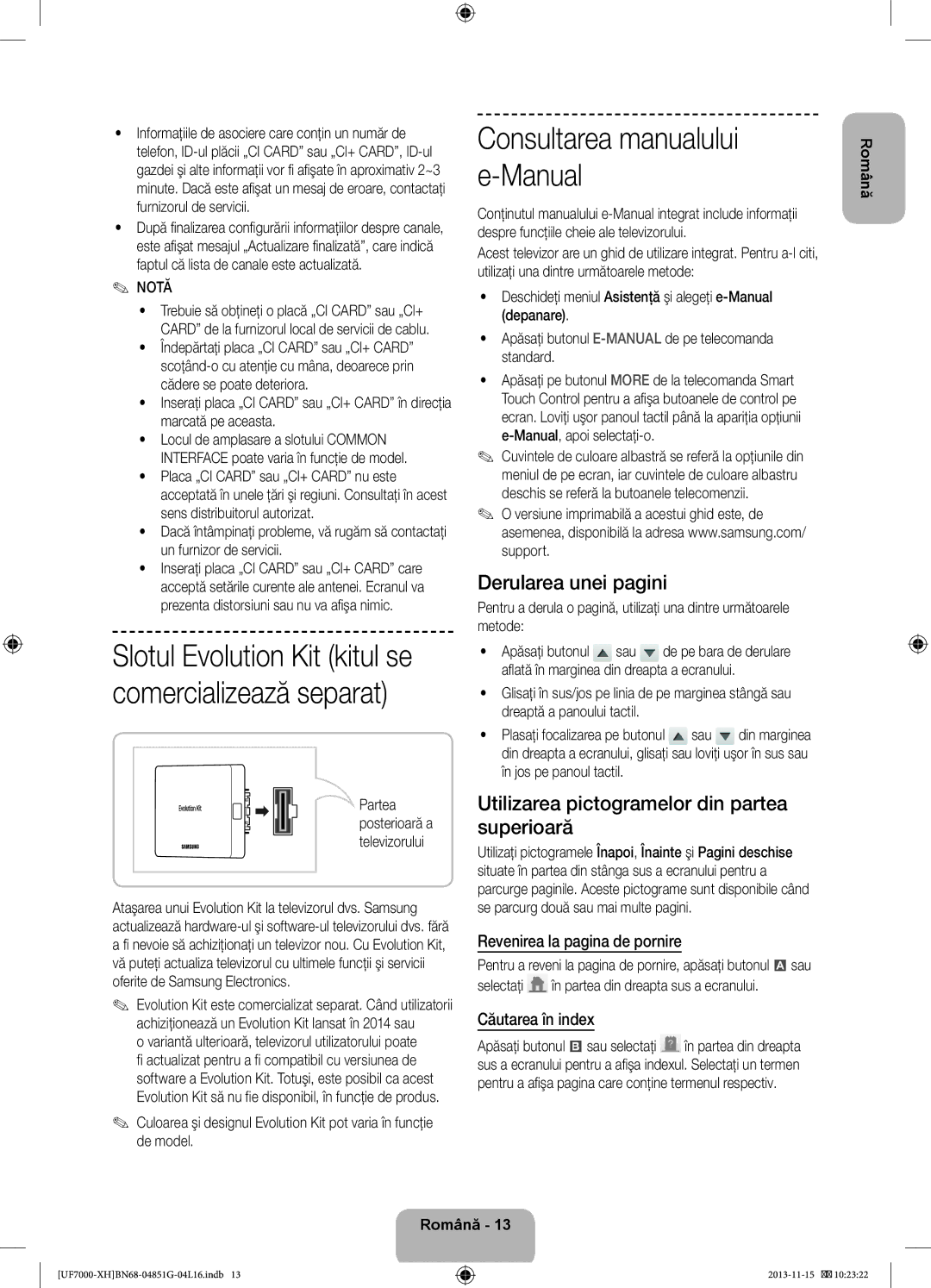 Samsung UE46F7000STXXU manual Derularea unei pagini, Utilizarea pictogramelor din partea superioară, Căutarea în index 