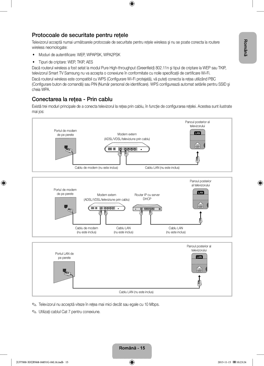 Samsung UE60F7000SLXXH, UE46F7000SLXXH manual Protocoale de securitate pentru reţele, Conectarea la reţea Prin cablu 