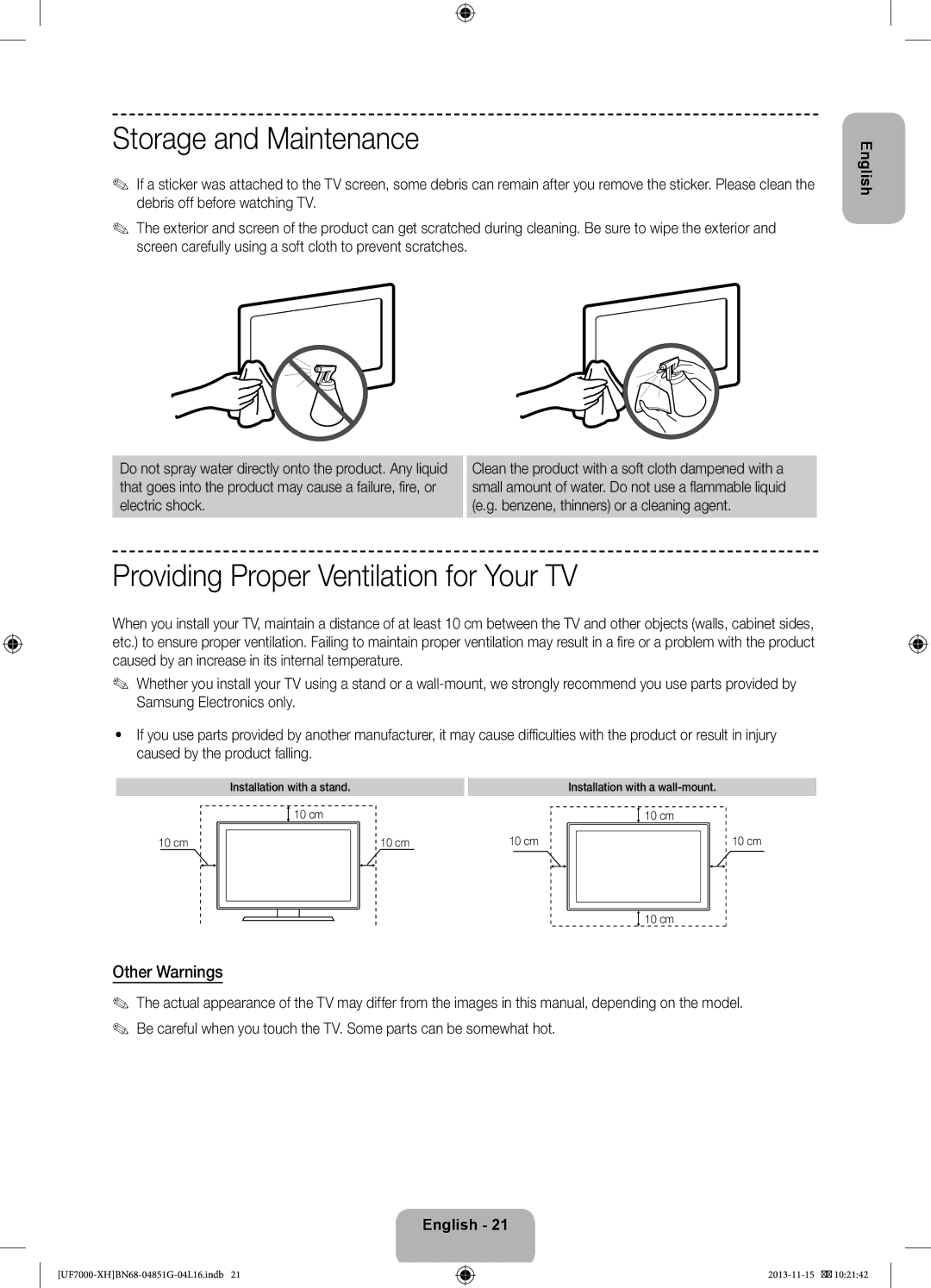 Samsung UE40F7000SLXXN, UE46F7000SLXXH Storage and Maintenance, Providing Proper Ventilation for Your TV, Other Warnings 