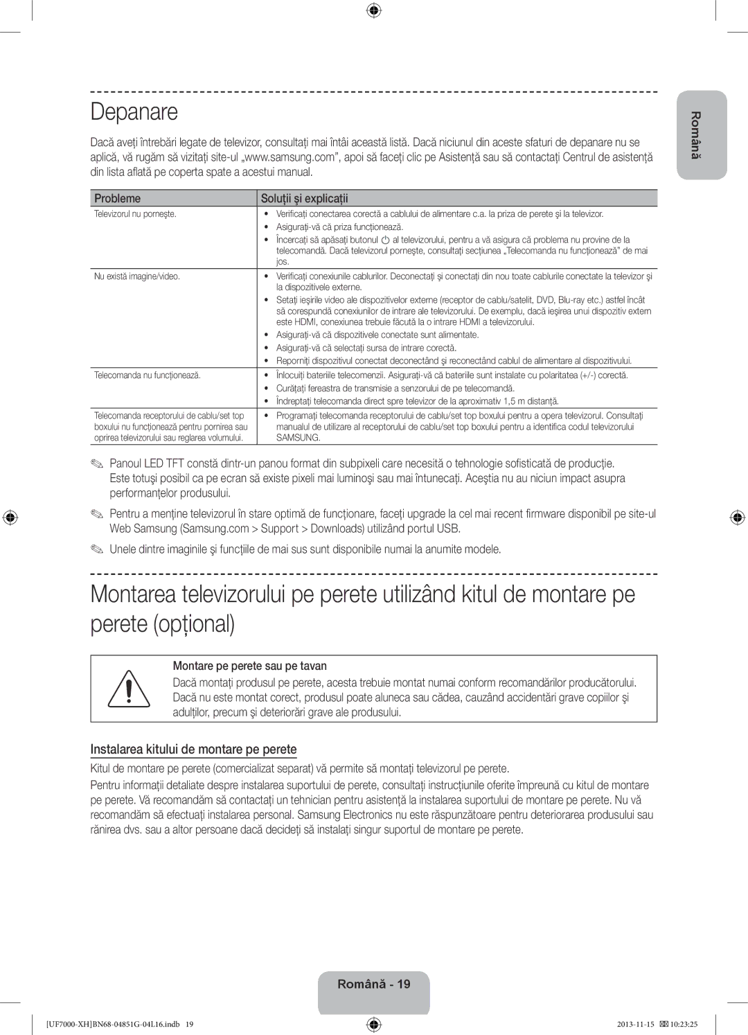 Samsung UE40F7000SLXXN, UE46F7000SLXXH Depanare, Instalarea kitului de montare pe perete, Probleme Soluţii şi explicaţii 