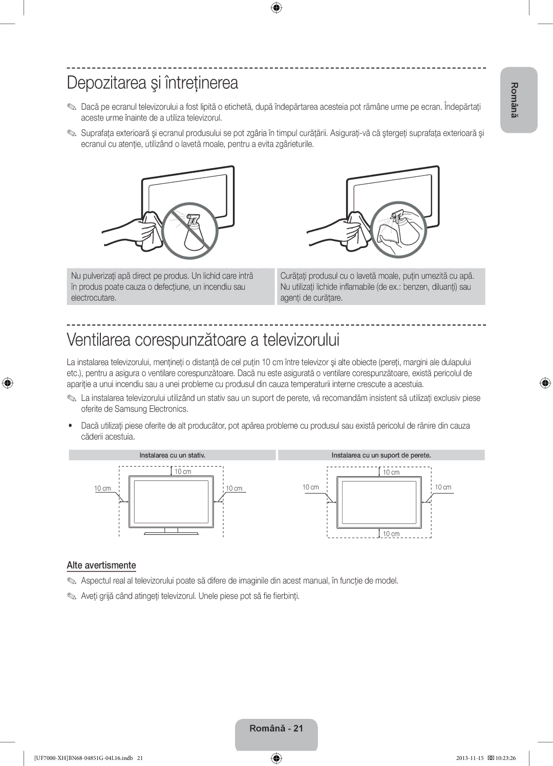 Samsung UE60F7000SLXZF manual Depozitarea şi întreţinerea, Ventilarea corespunzătoare a televizorului, Alte avertismente 