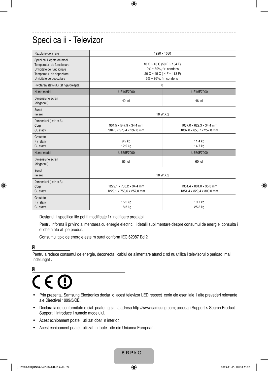 Samsung UE55F7000SLXZF, UE46F7000SLXXH, UE40F7000SLXXH manual Specificaţii Televizor, Modul de aşteptare, Uniunea Europeană 