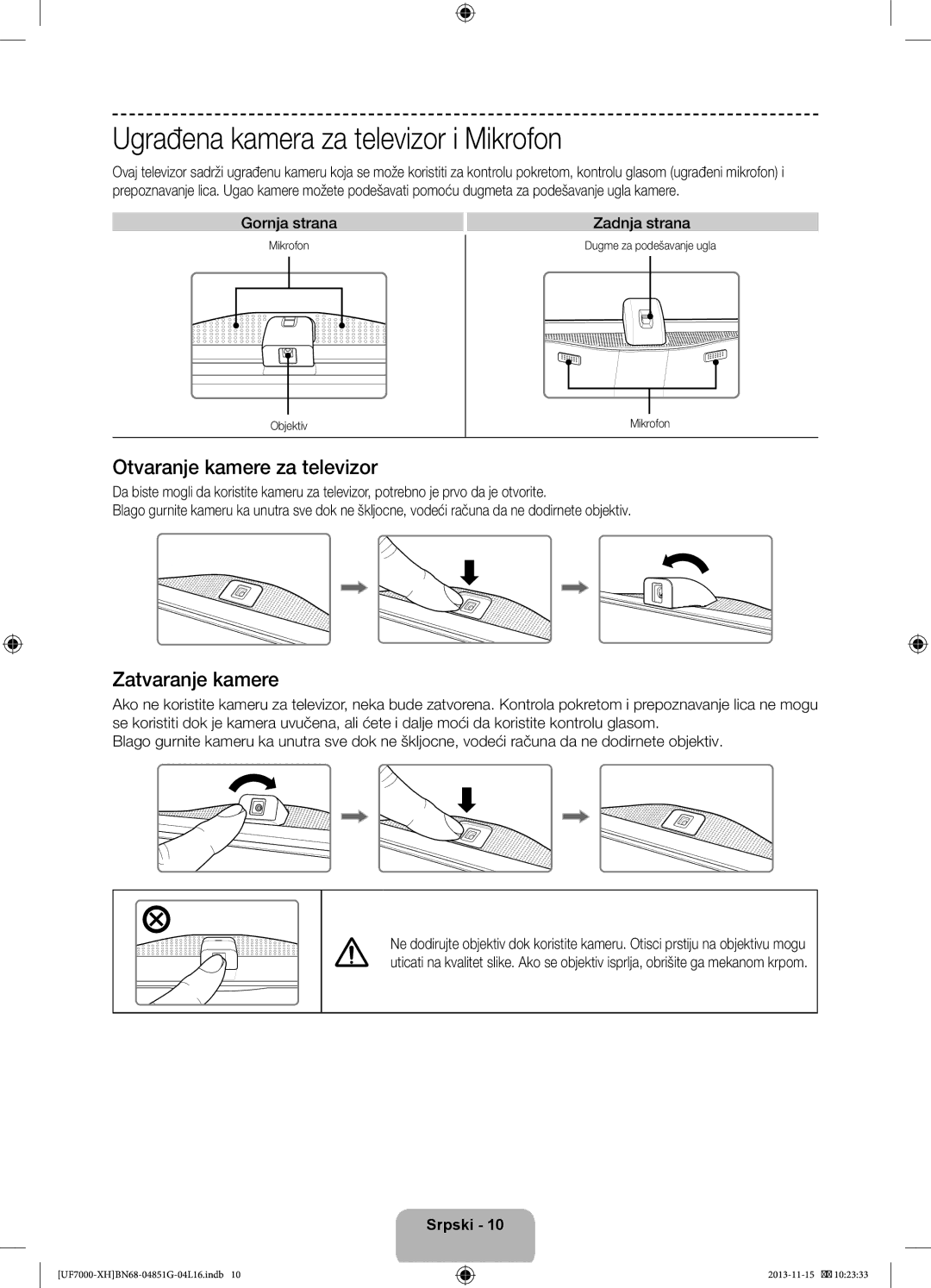 Samsung UE60F7000SLXXH manual Ugrađena kamera za televizor i Mikrofon, Otvaranje kamere za televizor, Zatvaranje kamere 