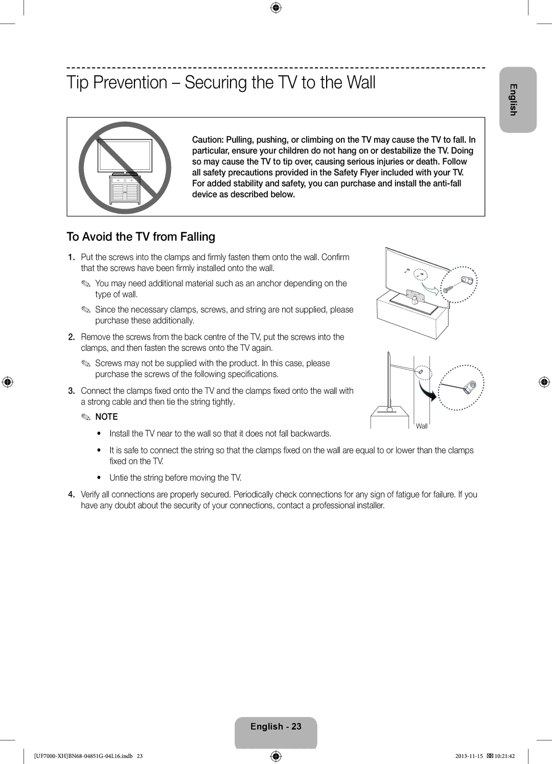 Samsung UE60F7000SLXZF, UE46F7000SLXXH manual Tip Prevention Securing the TV to the Wall, To Avoid the TV from Falling 