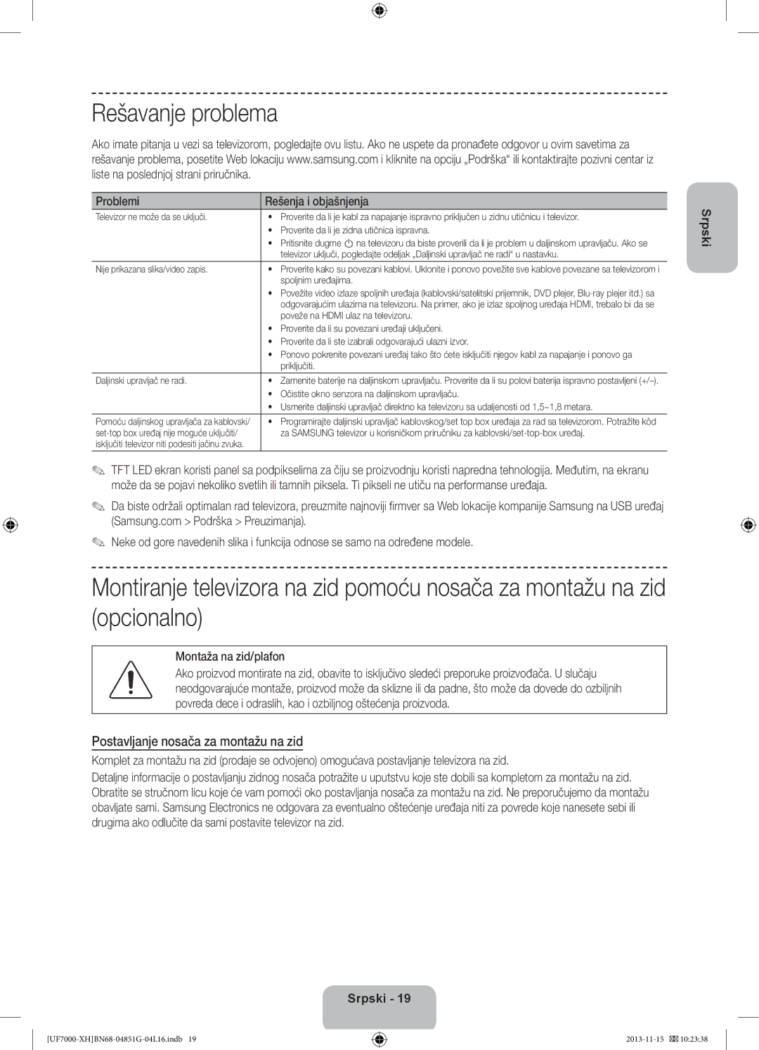 Samsung UE55F7000SLXZF manual Rešavanje problema, Postavljanje nosača za montažu na zid, Problemi Rešenja i objašnjenja 