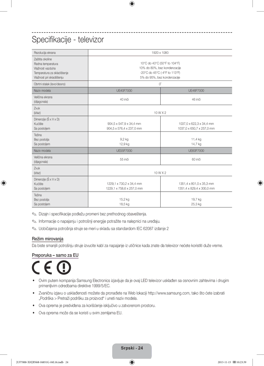 Samsung UE60F7000SLXXC, UE46F7000SLXXH, UE40F7000SLXXH, UE40F7000SLXXN manual Specifikacije televizor, Režim mirovanja 