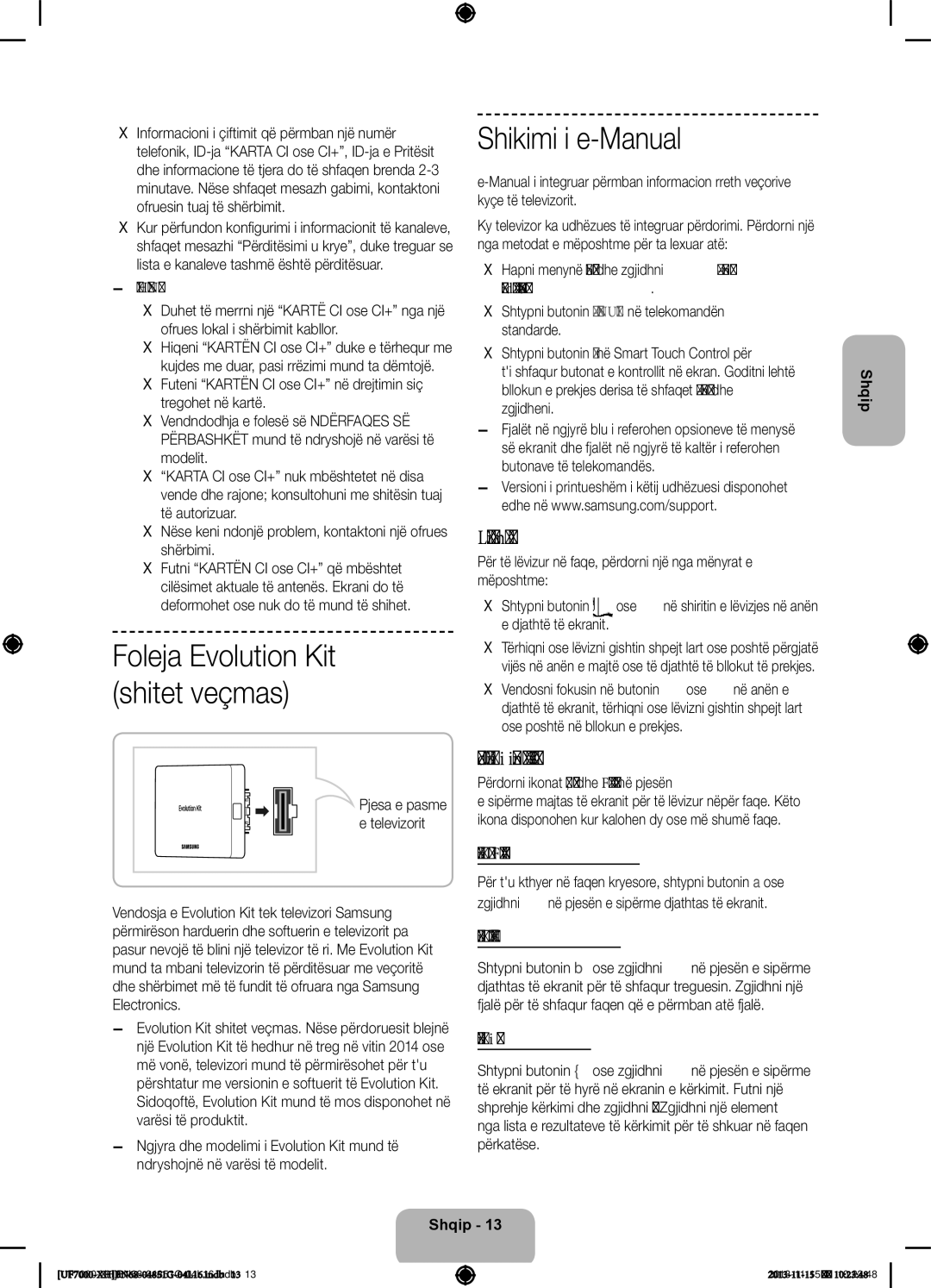 Samsung UE46F7000SLXZF, UE46F7000SLXXH, UE40F7000SLXXH Shikimi i e-Manual, Lëvizja në faqe, Përdorimi i ikonave të sipërme 