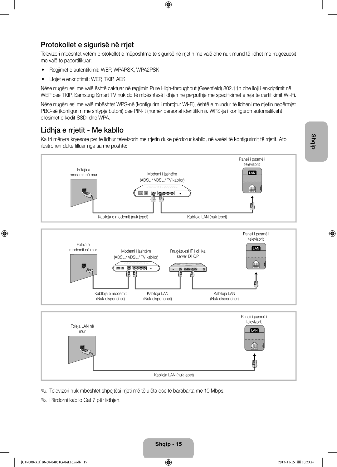 Samsung UE55F7000SLXXC manual Protokollet e sigurisë në rrjet, Lidhja e rrjetit Me kabllo, Paneli i pasmë Televizorit 