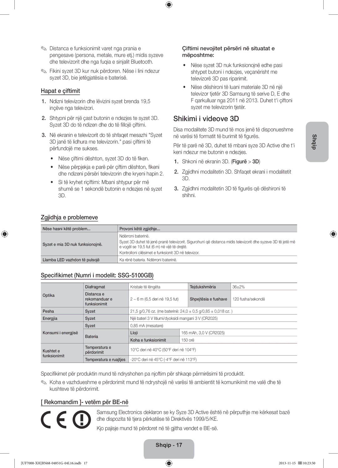 Samsung UE40F7000SLXXC manual Shikimi i videove 3D, Hapat e çiftimit, Zgjidhja e problemeve, Rekomandim vetëm për BE-në 