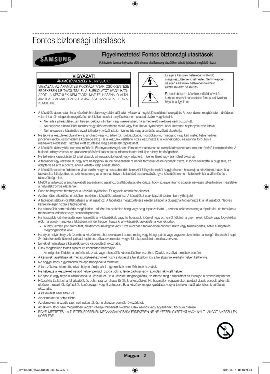 Samsung UE55F7000SLXZF, UE46F7000SLXXH, UE40F7000SLXXH manual Figyelmeztetés! Fontos biztonsági utasítások, Vigyázat 