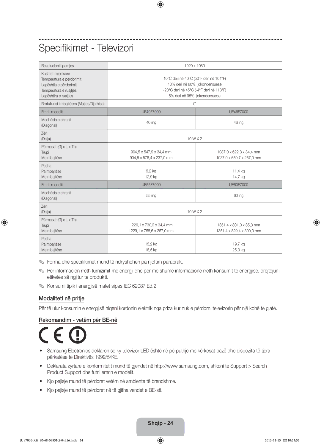 Samsung UE60F7000SLXXH, UE46F7000SLXXH, UE40F7000SLXXH, UE40F7000SLXXN manual Specifikimet Televizori, Modaliteti në pritje 