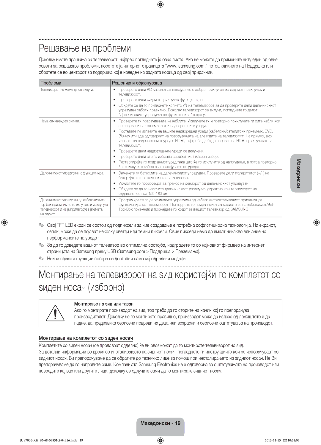 Samsung UE60F7000SLXXH manual Решавање на проблеми, Монтирање на комплетот со ѕиден носач, Проблеми Решенија и објаснувања 