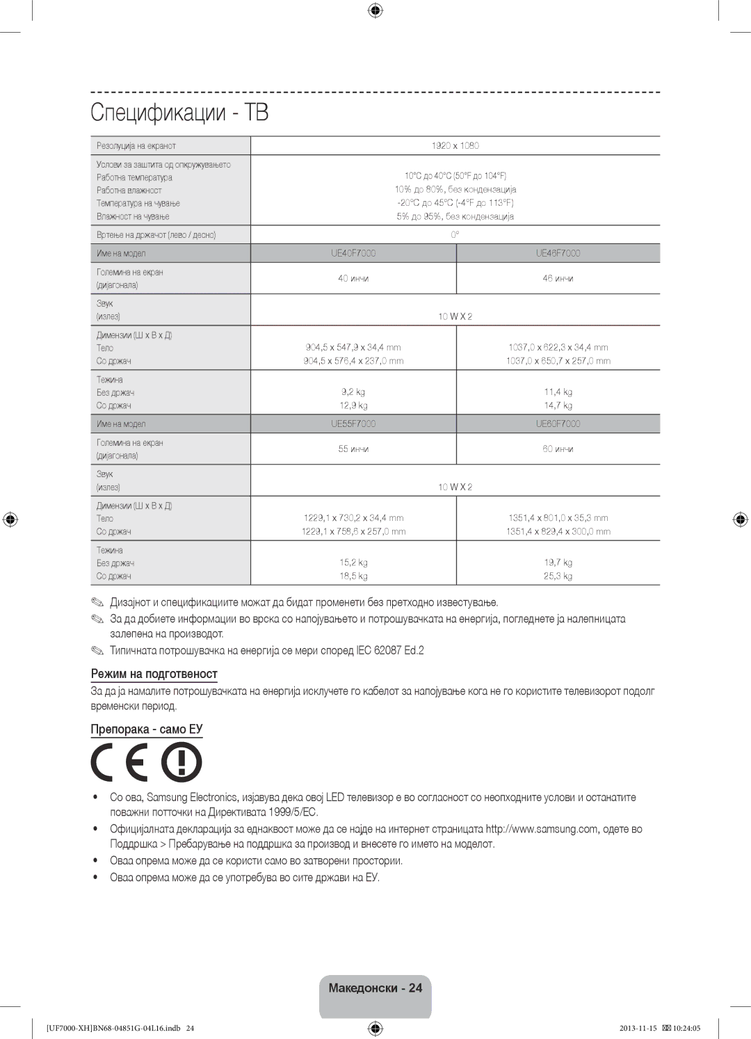 Samsung UE55F7000SLXXH, UE46F7000SLXXH, UE40F7000SLXXH, UE40F7000SLXXN, UE60F7000SLXZF Спецификации ТВ, Режим на подготвеност 